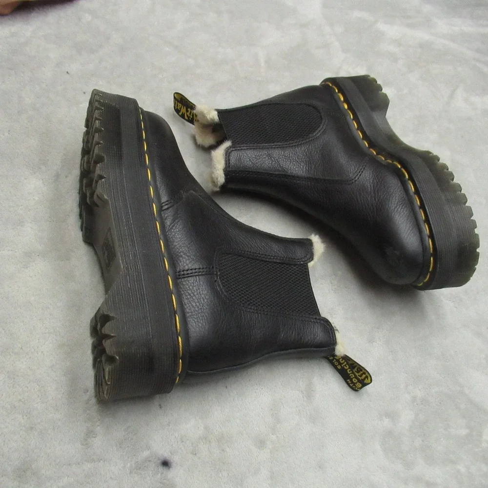 Dr Martens Unisex W5 M4 Boots Black‎ Leather Quad Platform Lug Faux Fur Chelsea
